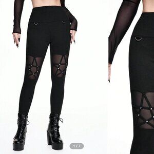 Goth Style Pentagram Rivet Mesh Insert Women Stretchy Leggings